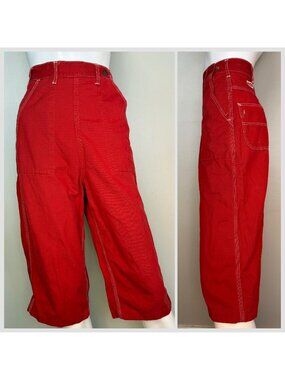 Vintage 1950s Side Zip Red Denim Pedal Pushers, Cropped Dungarees, Stephens XXS